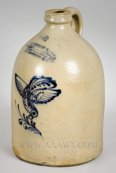 Stoneware Jug, Cobalt Raised Wing Bird, Advertising
Hayes & Company
Manchester, New Hampshire
Hayes and Company
Manchester
Circa 1870, entire view